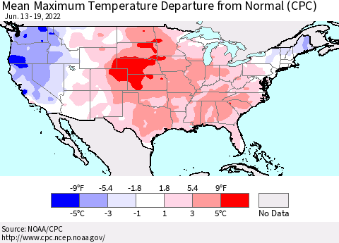 United States Mean Maximum Temperature Departure from Normal (CPC) Thematic Map For 6/13/2022 - 6/19/2022
