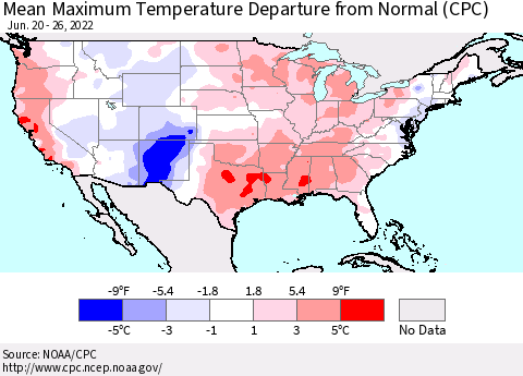 United States Mean Maximum Temperature Departure from Normal (CPC) Thematic Map For 6/20/2022 - 6/26/2022