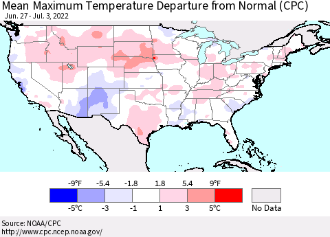 United States Mean Maximum Temperature Departure from Normal (CPC) Thematic Map For 6/27/2022 - 7/3/2022