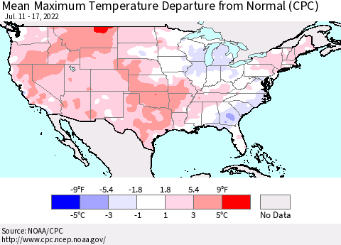 United States Mean Maximum Temperature Departure from Normal (CPC) Thematic Map For 7/11/2022 - 7/17/2022