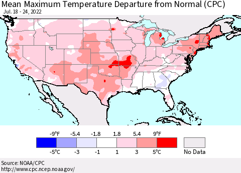 United States Maximum Temperature Departure From Normal (CPC) Thematic Map For 7/18/2022 - 7/24/2022