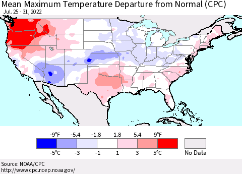 United States Maximum Temperature Departure From Normal (CPC) Thematic Map For 7/25/2022 - 7/31/2022