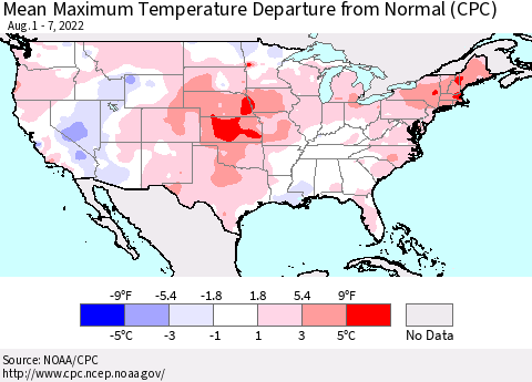 United States Mean Maximum Temperature Departure from Normal (CPC) Thematic Map For 8/1/2022 - 8/7/2022