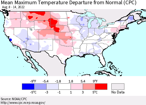 United States Mean Maximum Temperature Departure from Normal (CPC) Thematic Map For 8/8/2022 - 8/14/2022