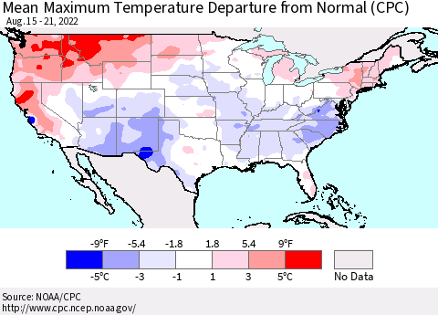 United States Mean Maximum Temperature Departure from Normal (CPC) Thematic Map For 8/15/2022 - 8/21/2022