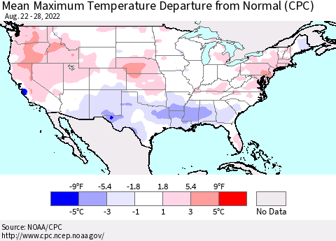 United States Mean Maximum Temperature Departure from Normal (CPC) Thematic Map For 8/22/2022 - 8/28/2022