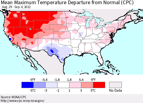 United States Mean Maximum Temperature Departure from Normal (CPC) Thematic Map For 8/29/2022 - 9/4/2022