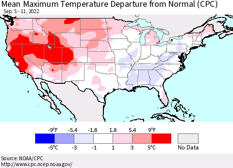 United States Mean Maximum Temperature Departure from Normal (CPC) Thematic Map For 9/5/2022 - 9/11/2022