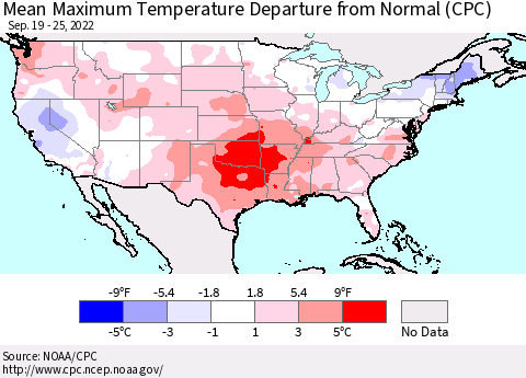 United States Mean Maximum Temperature Departure from Normal (CPC) Thematic Map For 9/19/2022 - 9/25/2022