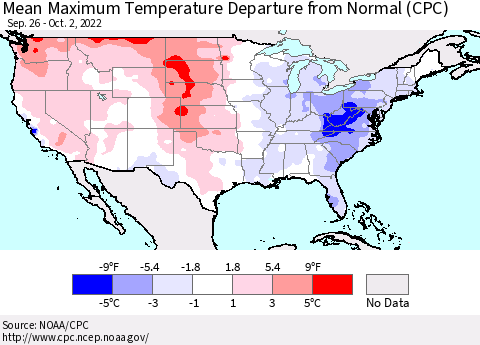 United States Mean Maximum Temperature Departure from Normal (CPC) Thematic Map For 9/26/2022 - 10/2/2022