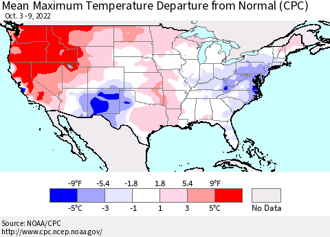 United States Mean Maximum Temperature Departure from Normal (CPC) Thematic Map For 10/3/2022 - 10/9/2022