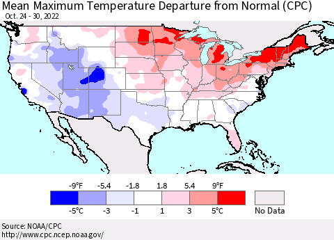 United States Mean Maximum Temperature Departure from Normal (CPC) Thematic Map For 10/24/2022 - 10/30/2022