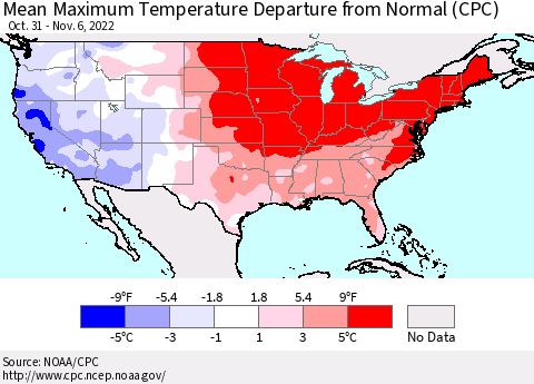 United States Mean Maximum Temperature Departure from Normal (CPC) Thematic Map For 10/31/2022 - 11/6/2022