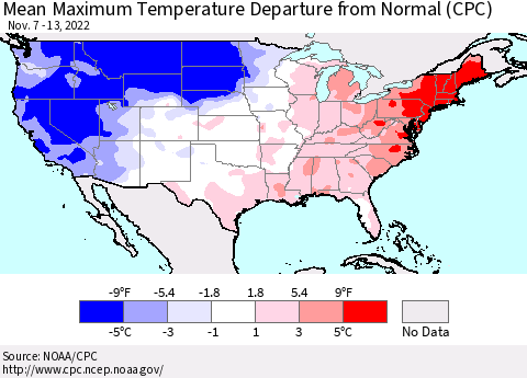 United States Mean Maximum Temperature Departure from Normal (CPC) Thematic Map For 11/7/2022 - 11/13/2022
