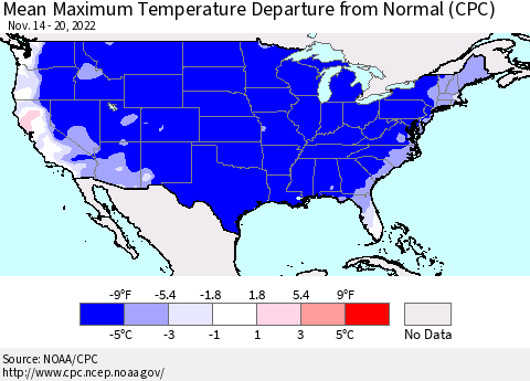 United States Mean Maximum Temperature Departure from Normal (CPC) Thematic Map For 11/14/2022 - 11/20/2022