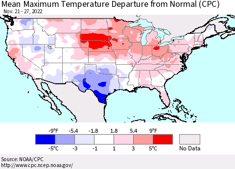 United States Mean Maximum Temperature Departure from Normal (CPC) Thematic Map For 11/21/2022 - 11/27/2022
