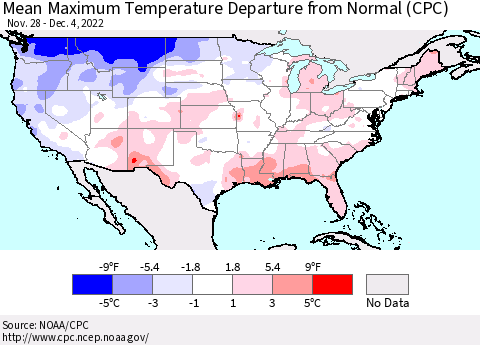 United States Mean Maximum Temperature Departure from Normal (CPC) Thematic Map For 11/28/2022 - 12/4/2022
