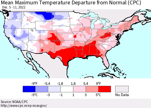 United States Mean Maximum Temperature Departure from Normal (CPC) Thematic Map For 12/5/2022 - 12/11/2022