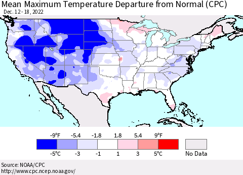 United States Mean Maximum Temperature Departure from Normal (CPC) Thematic Map For 12/12/2022 - 12/18/2022