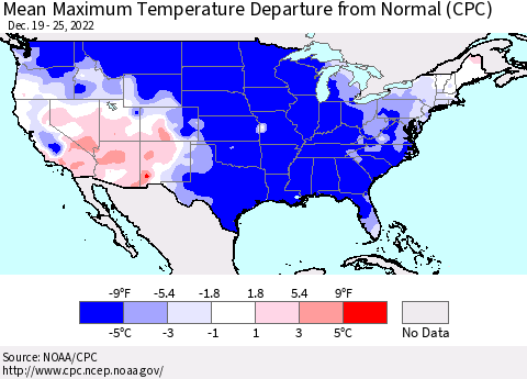 United States Mean Maximum Temperature Departure from Normal (CPC) Thematic Map For 12/19/2022 - 12/25/2022