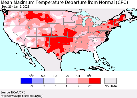 United States Mean Maximum Temperature Departure from Normal (CPC) Thematic Map For 12/26/2022 - 1/1/2023