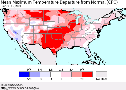 United States Mean Maximum Temperature Departure from Normal (CPC) Thematic Map For 1/9/2023 - 1/15/2023