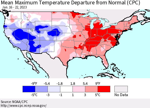 United States Mean Maximum Temperature Departure from Normal (CPC) Thematic Map For 1/16/2023 - 1/22/2023