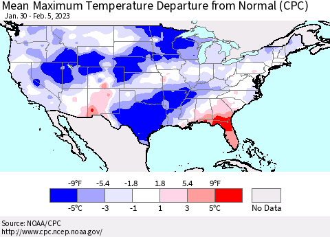 United States Mean Maximum Temperature Departure from Normal (CPC) Thematic Map For 1/30/2023 - 2/5/2023