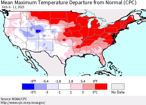 United States Mean Maximum Temperature Departure from Normal (CPC) Thematic Map For 2/6/2023 - 2/12/2023