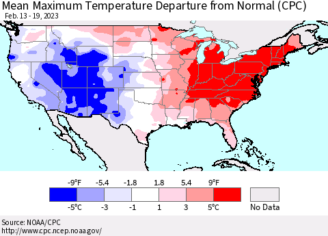 United States Mean Maximum Temperature Departure from Normal (CPC) Thematic Map For 2/13/2023 - 2/19/2023