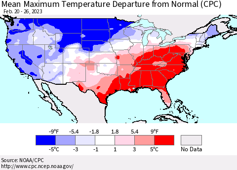 United States Mean Maximum Temperature Departure from Normal (CPC) Thematic Map For 2/20/2023 - 2/26/2023