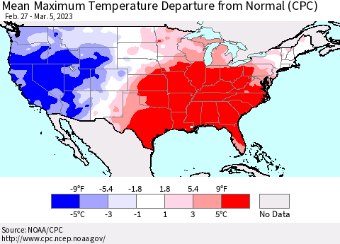 United States Mean Maximum Temperature Departure from Normal (CPC) Thematic Map For 2/27/2023 - 3/5/2023