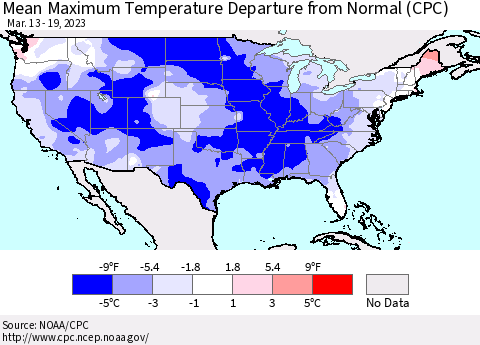 United States Mean Maximum Temperature Departure from Normal (CPC) Thematic Map For 3/13/2023 - 3/19/2023