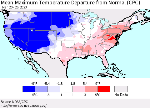 United States Mean Maximum Temperature Departure from Normal (CPC) Thematic Map For 3/20/2023 - 3/26/2023