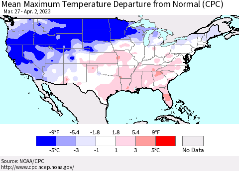 United States Mean Maximum Temperature Departure from Normal (CPC) Thematic Map For 3/27/2023 - 4/2/2023