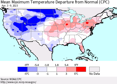 United States Mean Maximum Temperature Departure from Normal (CPC) Thematic Map For 4/3/2023 - 4/9/2023