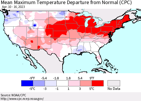 United States Mean Maximum Temperature Departure from Normal (CPC) Thematic Map For 4/10/2023 - 4/16/2023