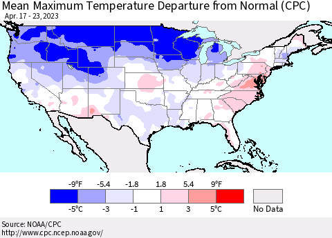 United States Mean Maximum Temperature Departure from Normal (CPC) Thematic Map For 4/17/2023 - 4/23/2023