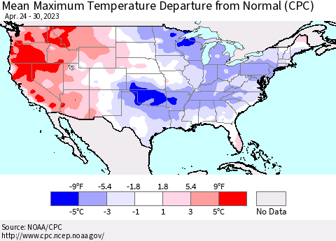 United States Mean Maximum Temperature Departure from Normal (CPC) Thematic Map For 4/24/2023 - 4/30/2023