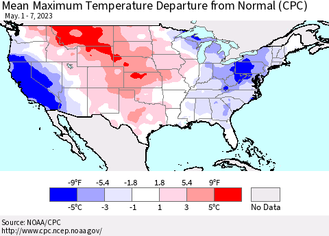 United States Mean Maximum Temperature Departure from Normal (CPC) Thematic Map For 5/1/2023 - 5/7/2023