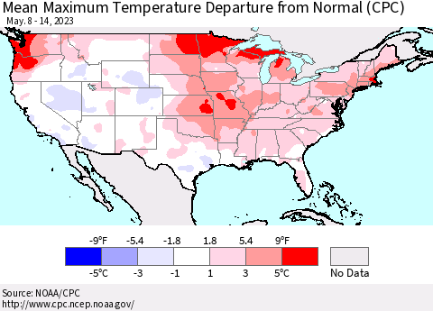 United States Mean Maximum Temperature Departure from Normal (CPC) Thematic Map For 5/8/2023 - 5/14/2023