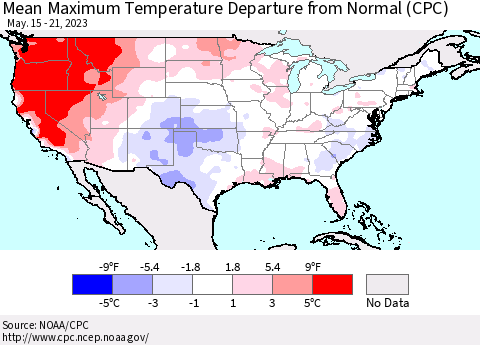United States Mean Maximum Temperature Departure from Normal (CPC) Thematic Map For 5/15/2023 - 5/21/2023