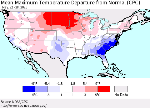United States Mean Maximum Temperature Departure from Normal (CPC) Thematic Map For 5/22/2023 - 5/28/2023