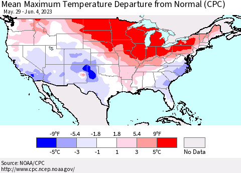 United States Mean Maximum Temperature Departure from Normal (CPC) Thematic Map For 5/29/2023 - 6/4/2023