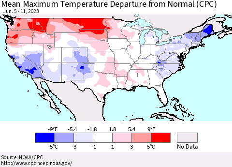 United States Mean Maximum Temperature Departure from Normal (CPC) Thematic Map For 6/5/2023 - 6/11/2023
