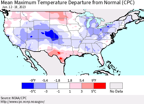 United States Mean Maximum Temperature Departure from Normal (CPC) Thematic Map For 6/12/2023 - 6/18/2023
