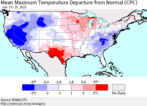 United States Mean Maximum Temperature Departure from Normal (CPC) Thematic Map For 6/19/2023 - 6/25/2023