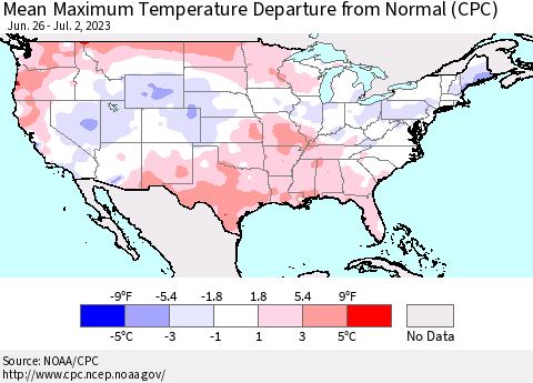 United States Mean Maximum Temperature Departure from Normal (CPC) Thematic Map For 6/26/2023 - 7/2/2023