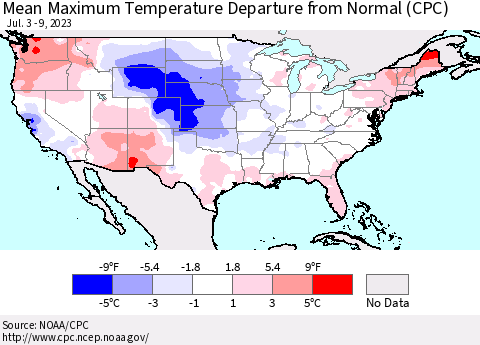 United States Mean Maximum Temperature Departure from Normal (CPC) Thematic Map For 7/3/2023 - 7/9/2023