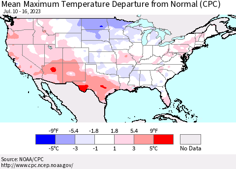 United States Mean Maximum Temperature Departure from Normal (CPC) Thematic Map For 7/10/2023 - 7/16/2023